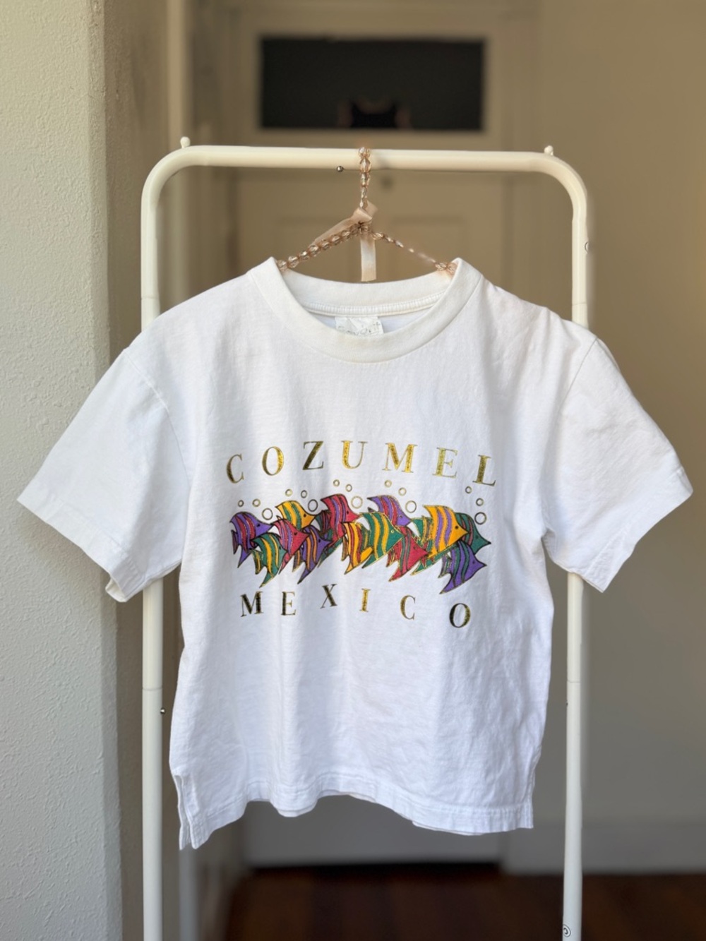 Vintage 80s/90s Favofit Cozumel Mexico fish white tshirt w gold print